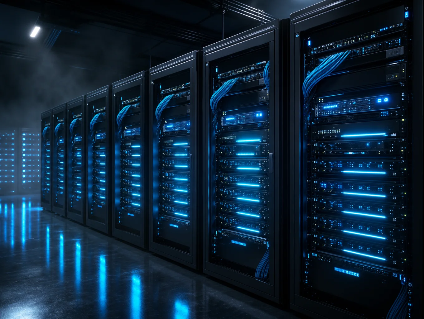 Managed datacenter rack enclosure with server indicator lights.