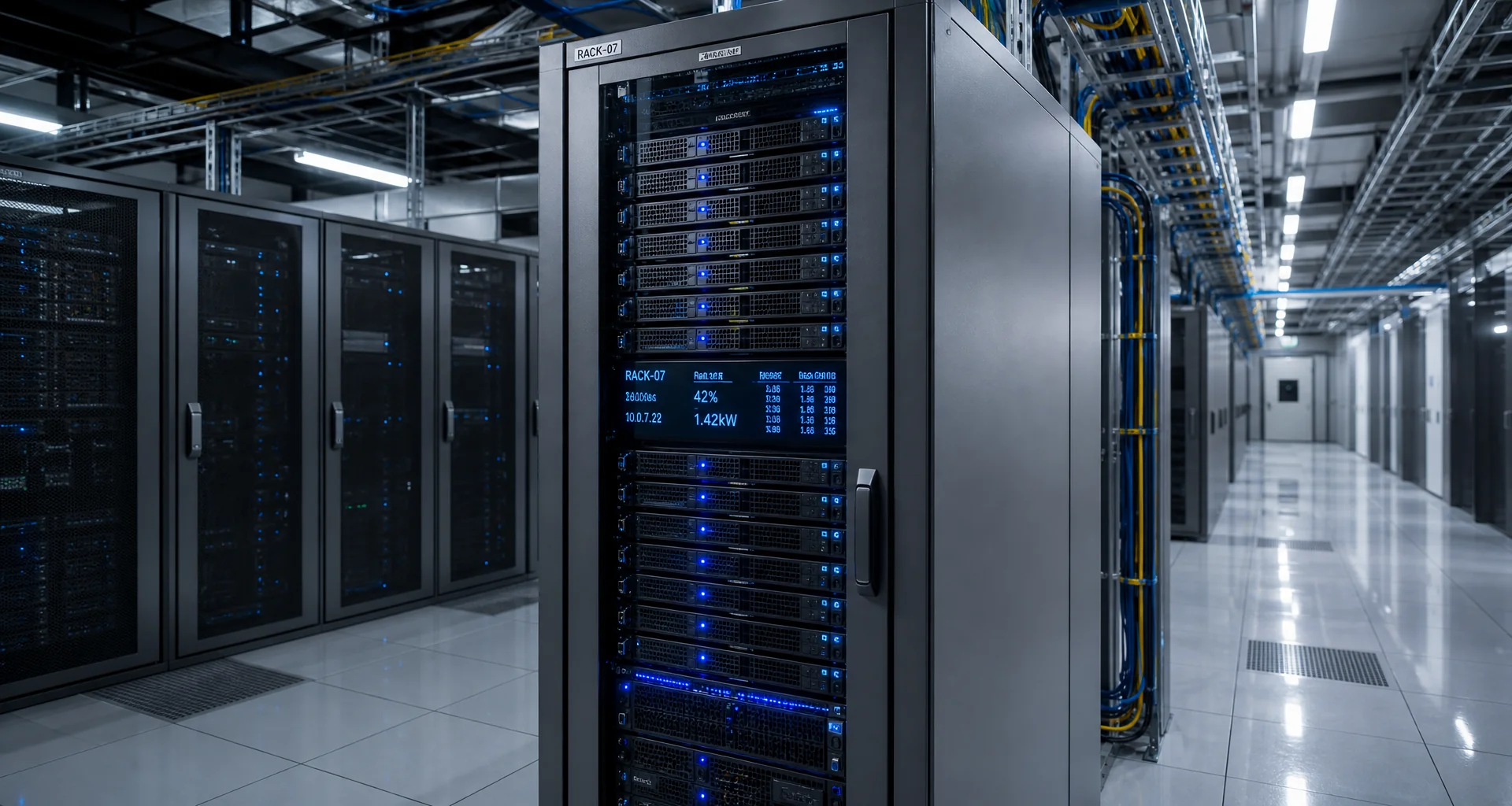 High-performance GPU server rack enclosure with active green LED indicators